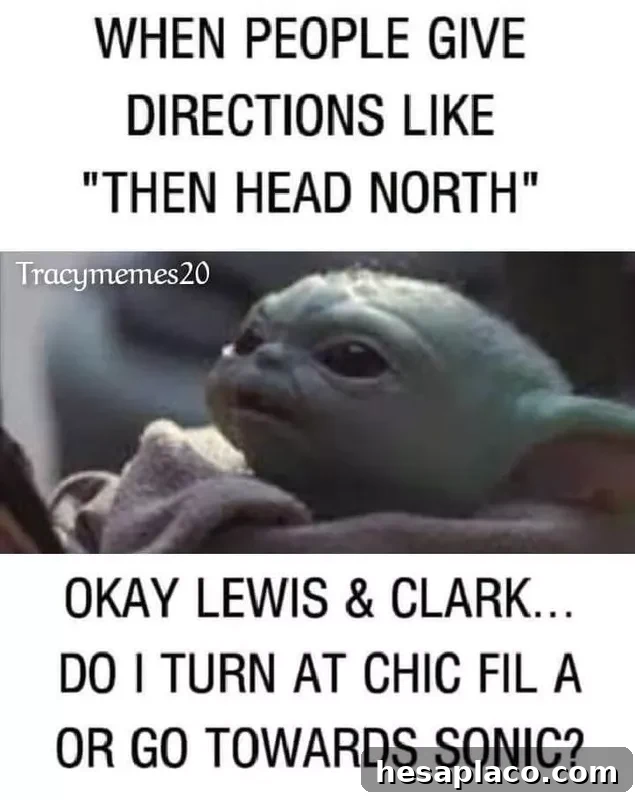 Baby Yoda giving directions meme
