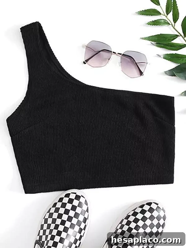SheIn Women's Plain One Shoulder Stretchy Ribbed Knit Crop Top