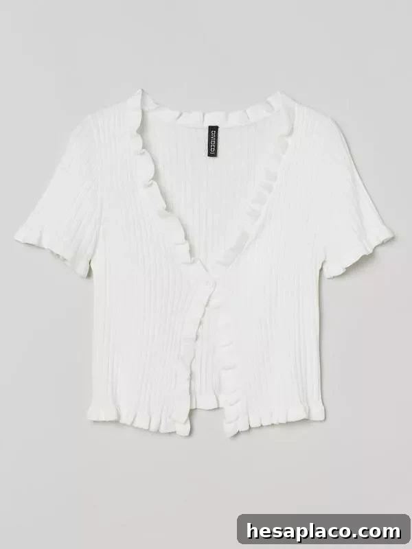 Ruffle-trimmed Ribbed Cardigan