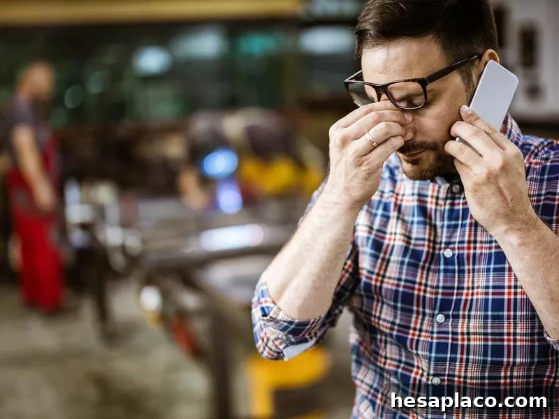 Worried foreman talking on cell phone in a workshop.