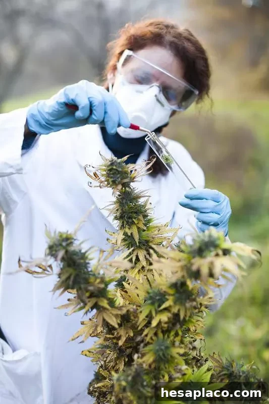 Woman working with marijuana plant