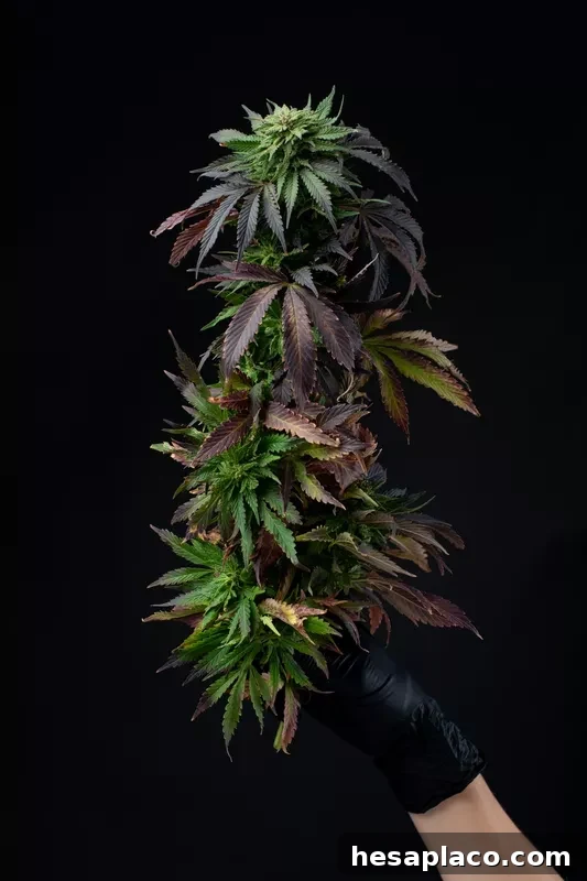 Cannabis branch with purple leaves