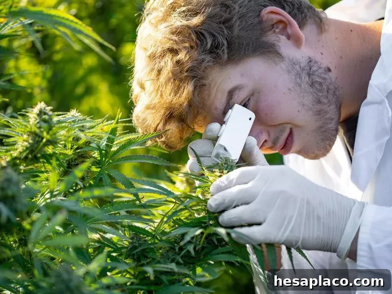 Researcher looking at marijuana plant