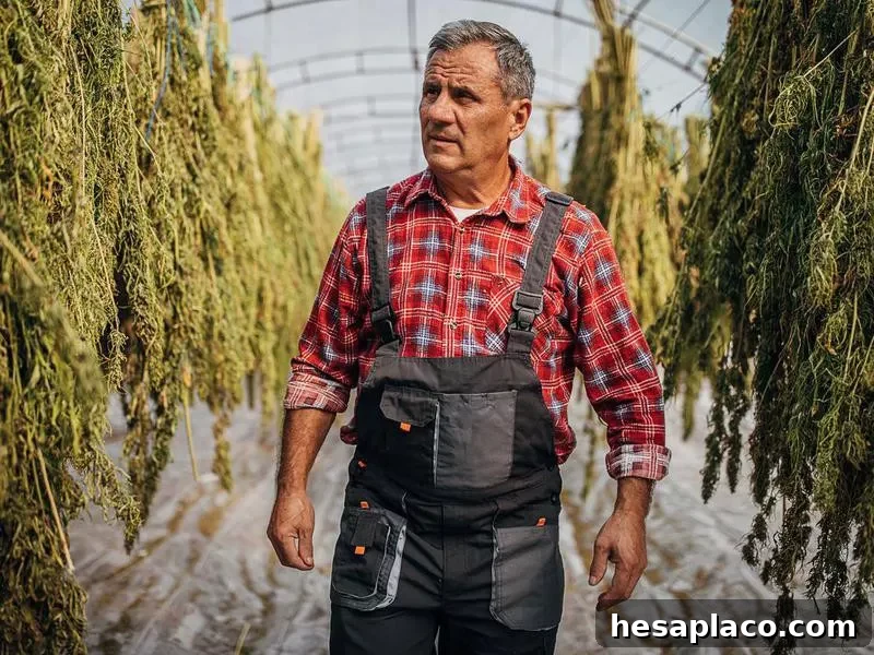 Farmer with drying cannabis plants