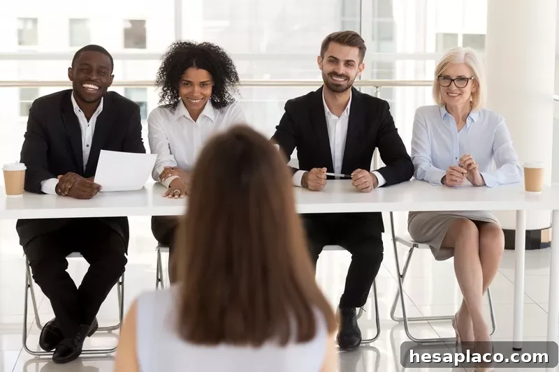 Several people interviewing a woman for a job