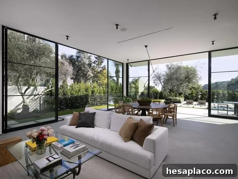 Modern living room with floor-to-ceiling windows