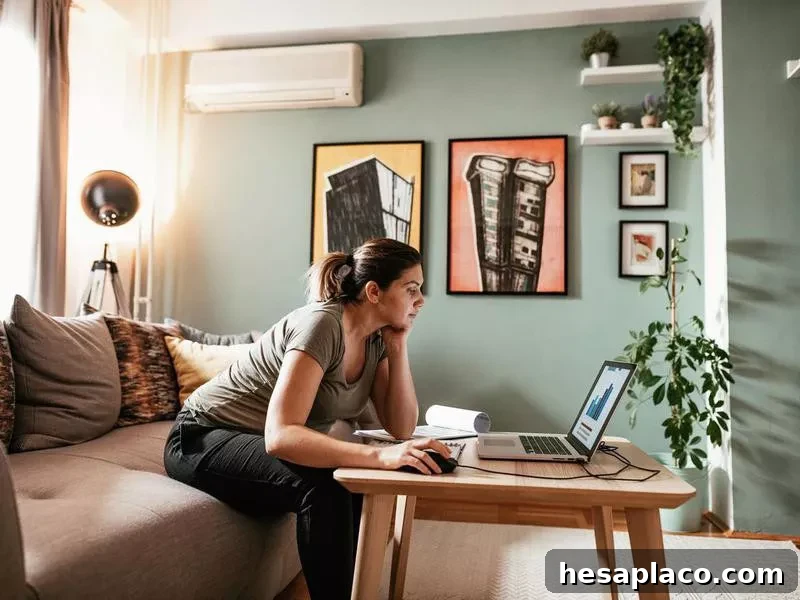 Woman working from her couch