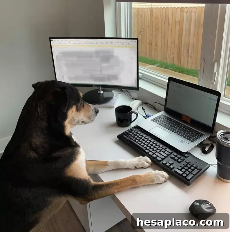 Dog working on a computer at home
