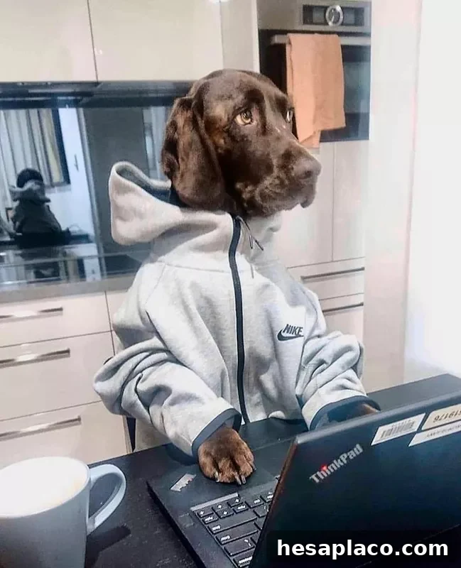 Dog working at a desk in a sweatshirt