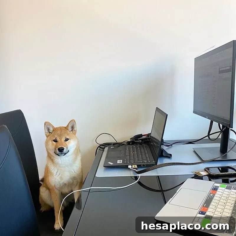 Dog working at a work station