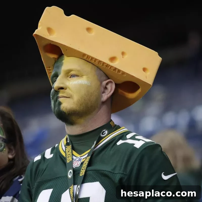 Green Bay Packers fan wearing a cheesehead hat