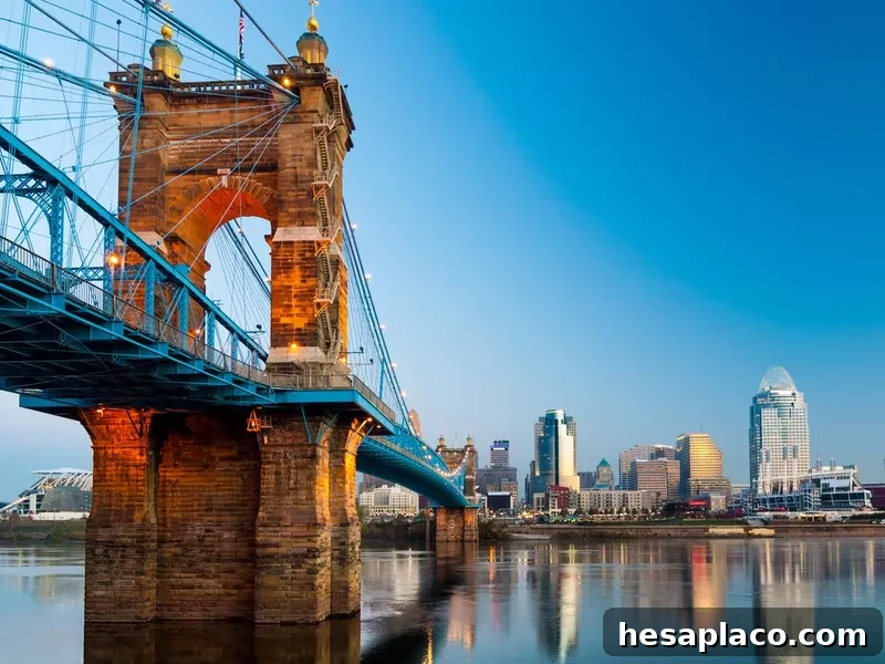 Cincinnati skyline and Roebling Suspension Bridge at dawn