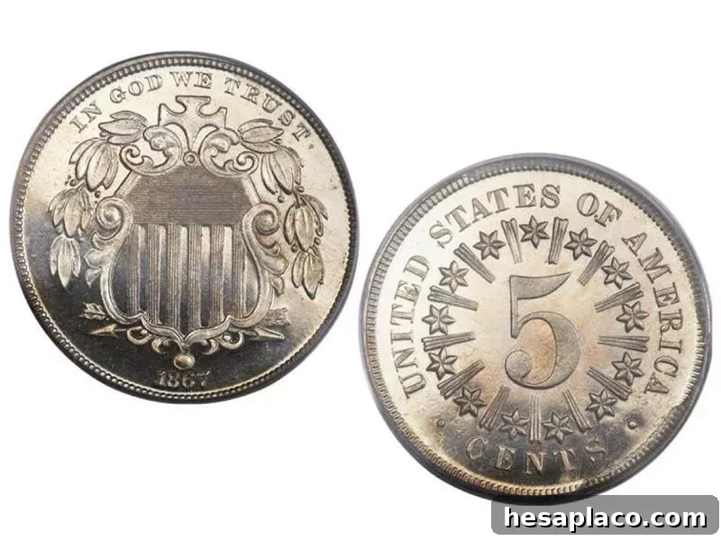 1867 Rays Shield Cameo Nickel