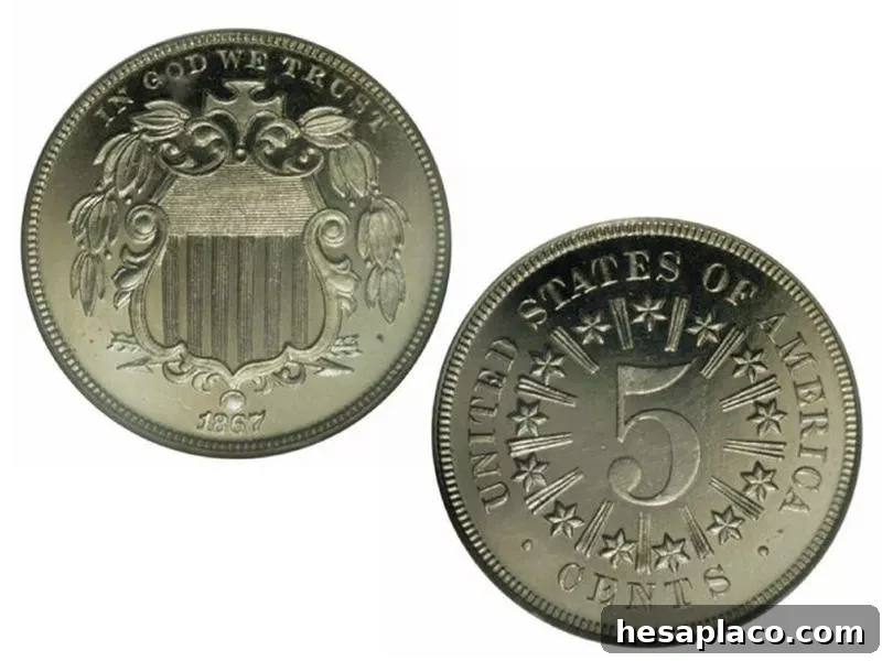 1867 Rays Cameo Proof Shield Nickel