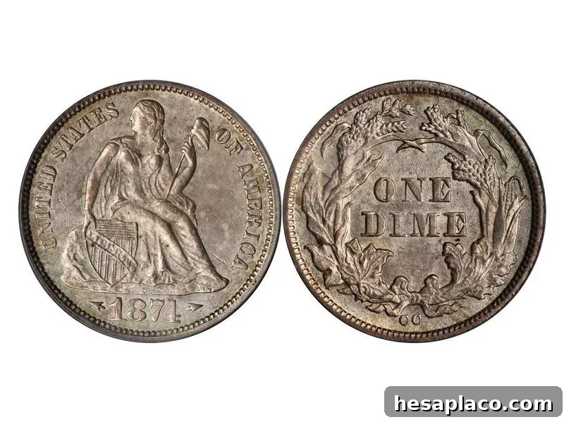 1874 CC Seated Liberty Dime With Arrows