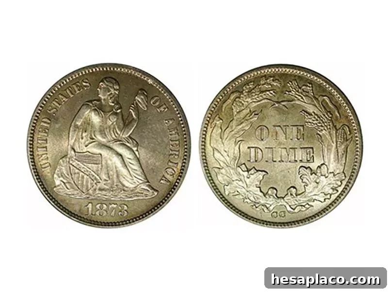 1873 CC No Arrows Seated Liberty Dime