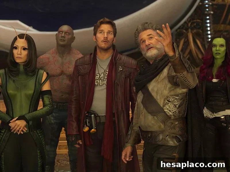 Kurt Russell, Chris Pratt, Zoe Saldana, Dave Bautista, and Pom Klementieff in Guardians of the Galaxy Vol. 2 (2017)