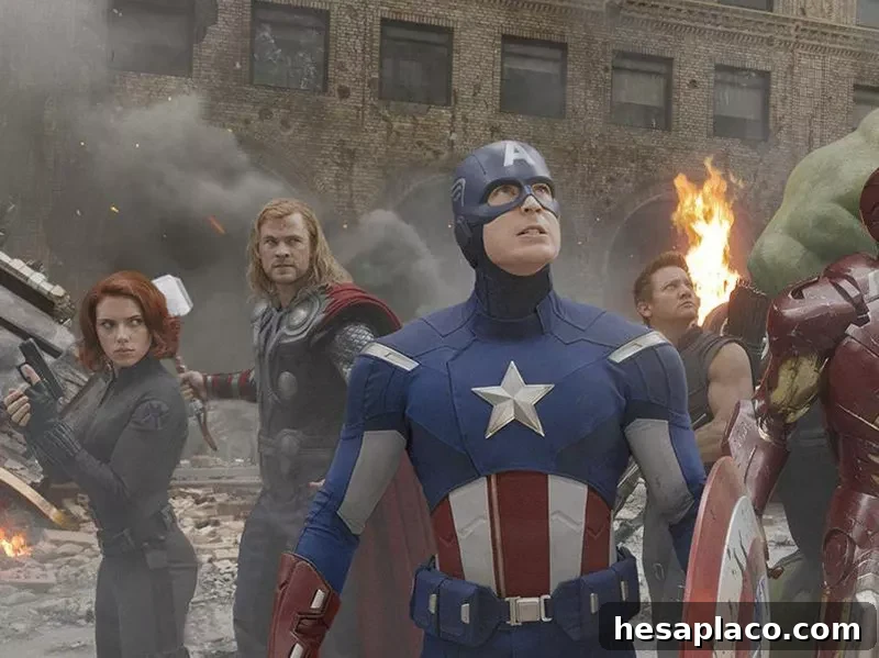 Robert Downey Jr., Chris Evans, Scarlett Johansson, Jeremy Renner, Mark Ruffalo, and Chris Hemsworth in The Avengers (2012)