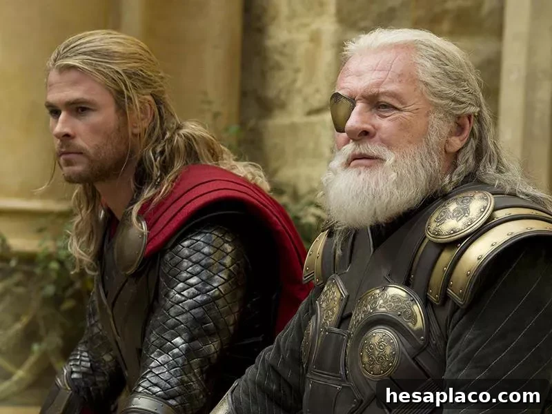 Anthony Hopkins and Chris Hemsworth in Thor: The Dark World (2013)
