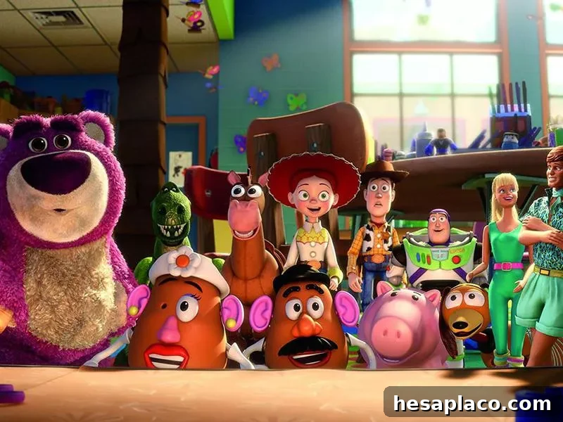 Tom Hanks, Joan Cusack, Michael Keaton, Tim Allen, Ned Beatty, John Ratzenberger, Wallace Shawn, Jodi Benson, Blake Clark, Estelle Harris, and Don Rickles in Toy Story 3 (2010)