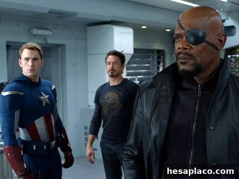 Samuel L. Jackson, Robert Downey Jr., and Chris Evans in The Avengers (2012)