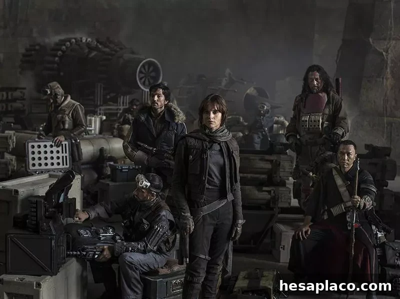 Wen Jiang, Felicity Jones, Diego Luna, Donnie Yen, and Riz Ahmed in Rogue One (2016)