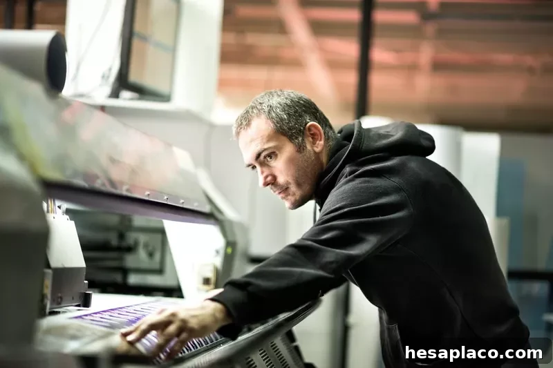 Male worker operating on industrial printer