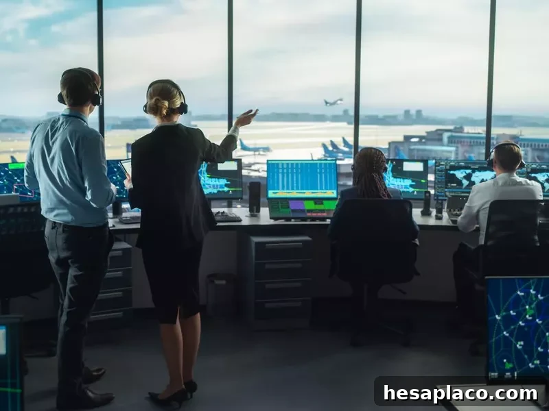 Air traffic controllers with headsets