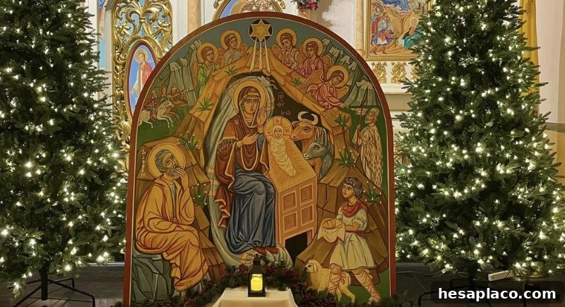 Neo-Byzantine nativity scene and mother-of-pearl portrait