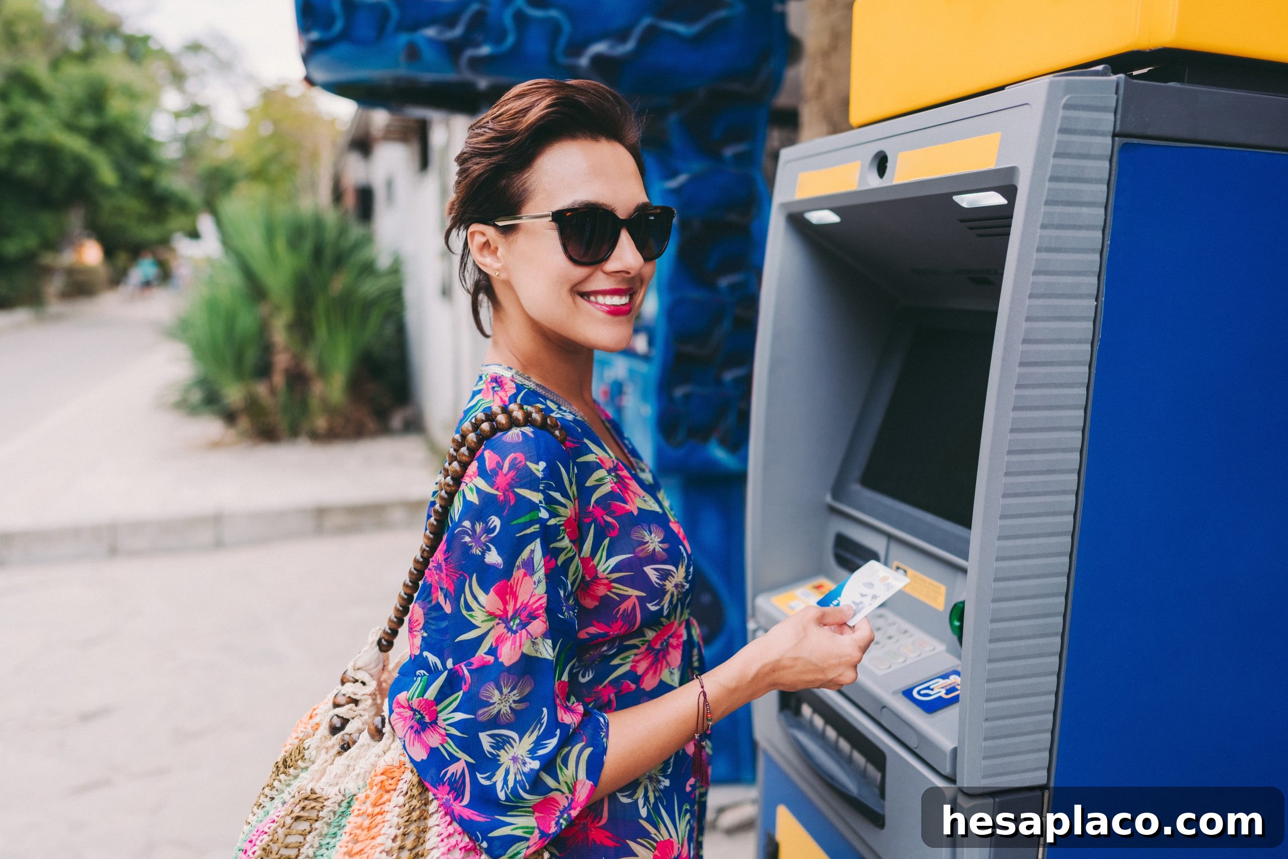 Woman on vacation withdrawing cash on the ATM