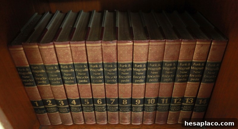 Shelf of printed encyclopedias