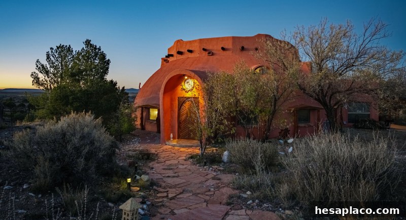 Exterior view of the dome-shaped house blending into the mesa