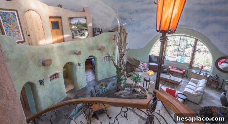 Main living area under the dome with mural