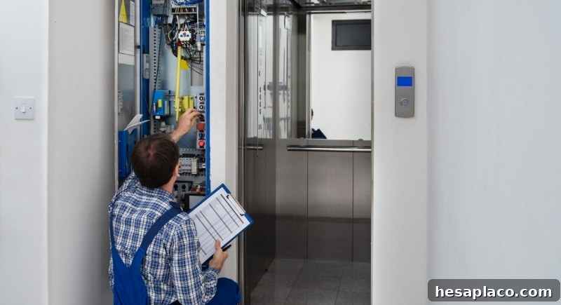 Elevator technician working on machinery