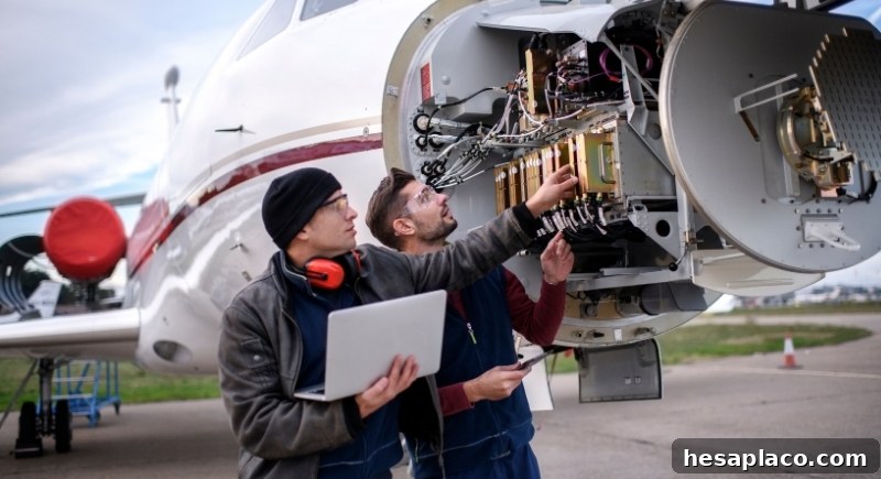 Aircraft mechanic inspecting engine