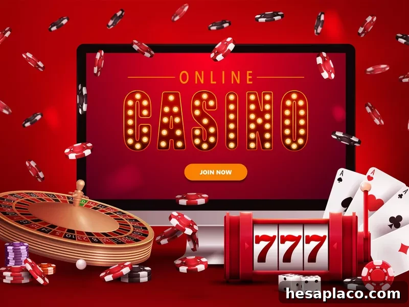 Online casino, red poster with monitor and slot machine