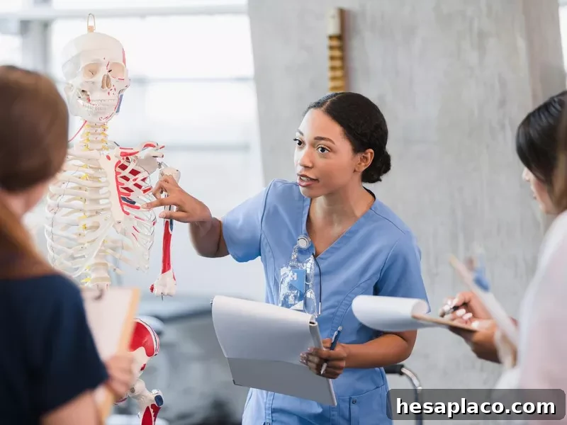 Young woman teaches class on human bone structure