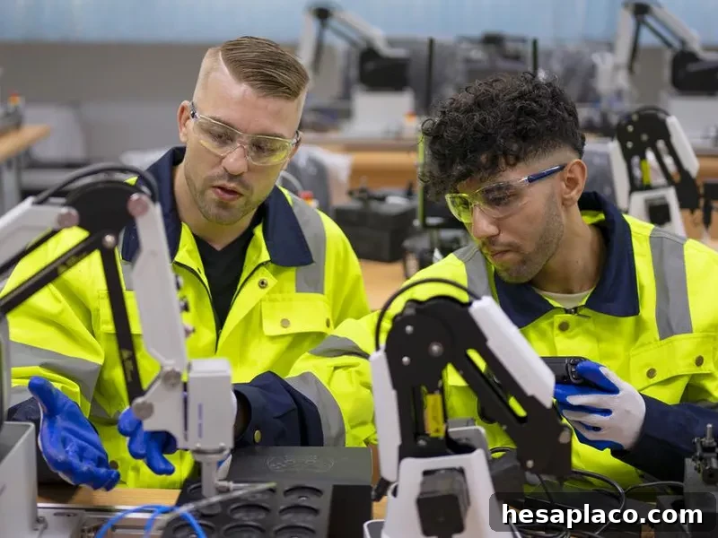 Technicians work with robotic arm