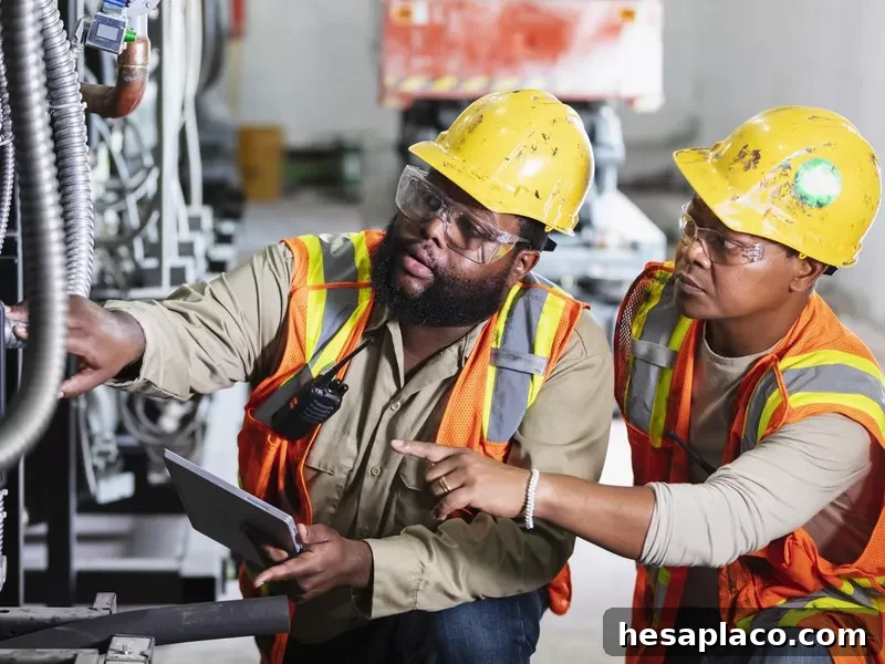 Two workers inspecting industrial refrigeration equipment