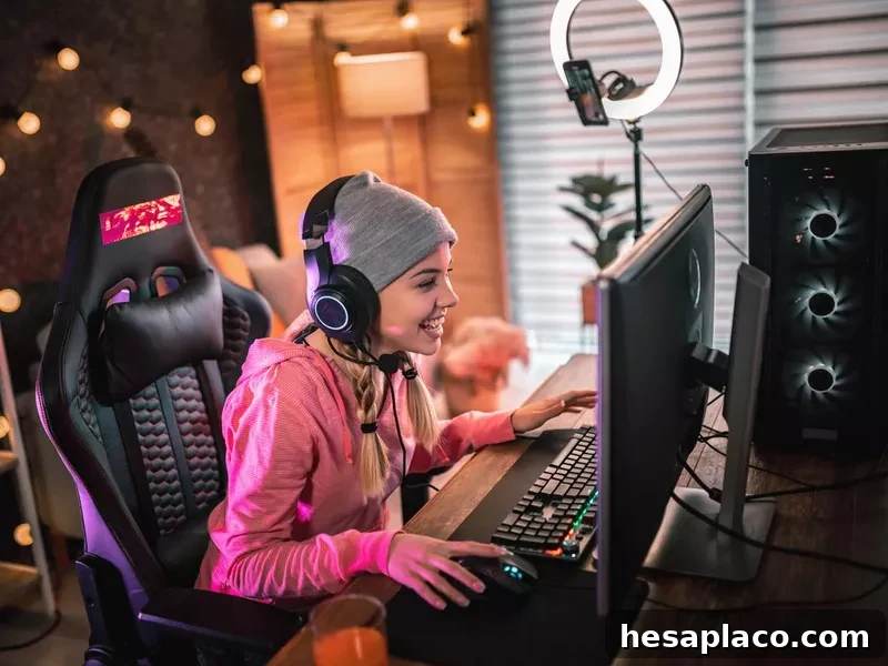 Girl plays video game online and streams at home