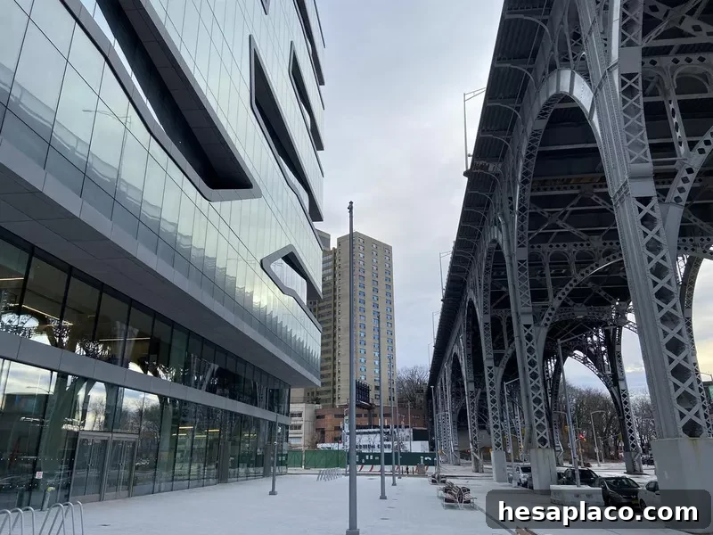 Henry R. Kravis Hall at Columbia Business School next to the arches of the Riverside Drive Viaduct in New York City