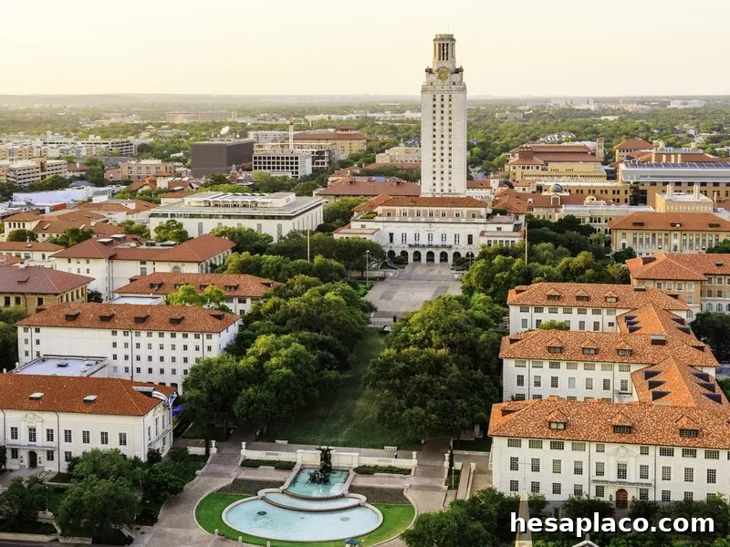 University of Texas (UT) Austin campus at sunset aerial view