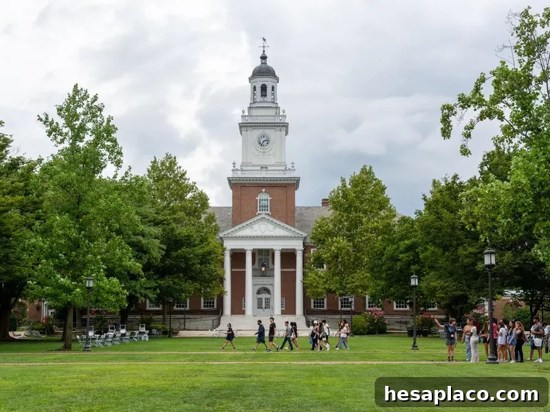 New students walk past Gilman Hall on the Johns Hopkins University campus