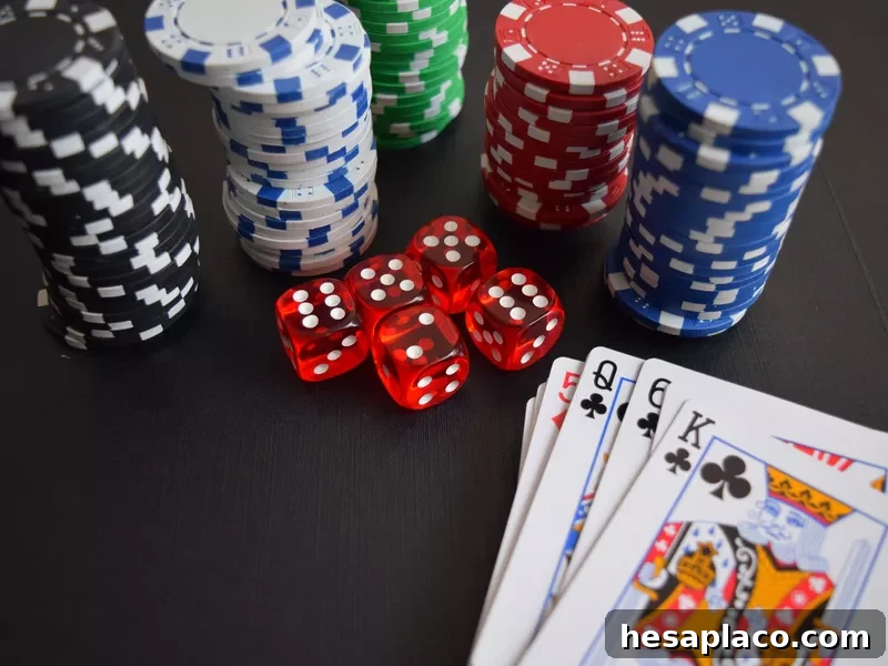 Playing cards, poker chips, and dice
