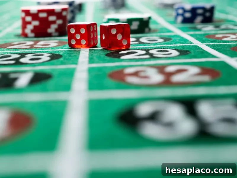 Gambling chips and dice on the roulette table