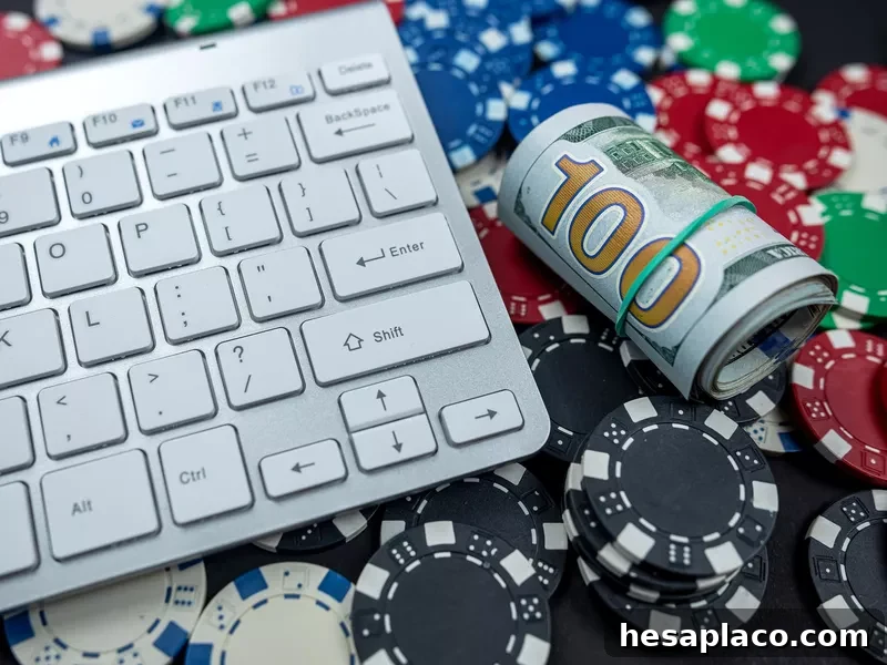 Poker chips for poker with money and a laptop keyboard