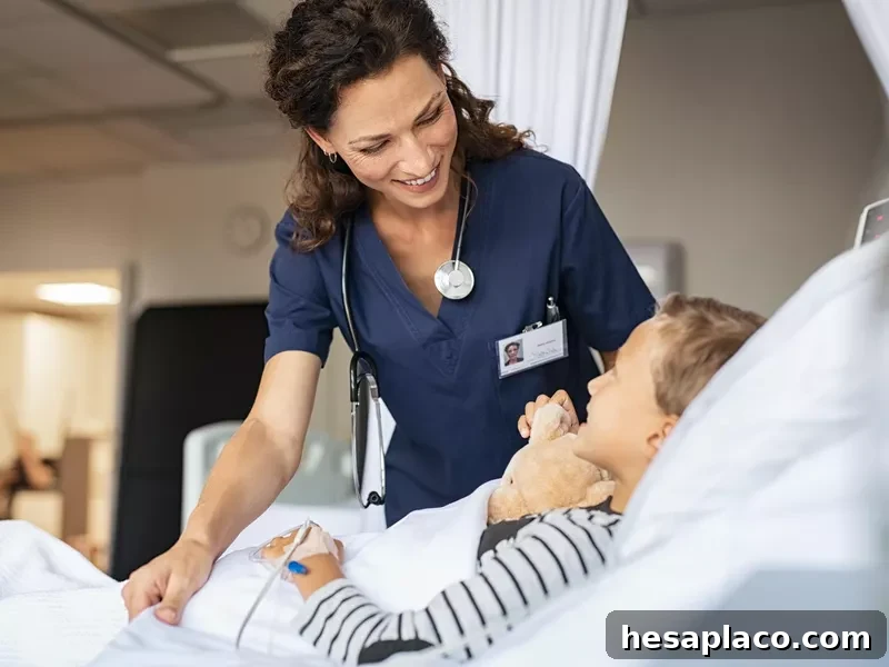 Nurse taking care of a child hospitalized in bed