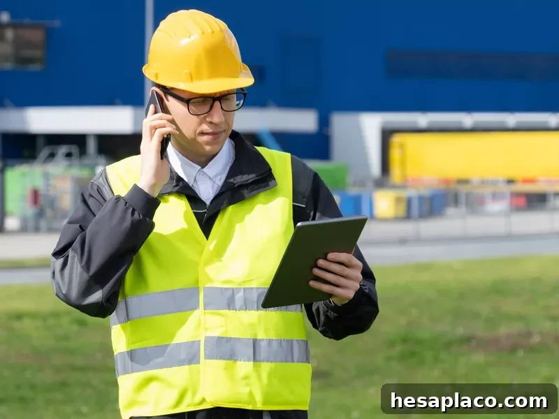 Logistician with phone and digital tablet at a logistics center