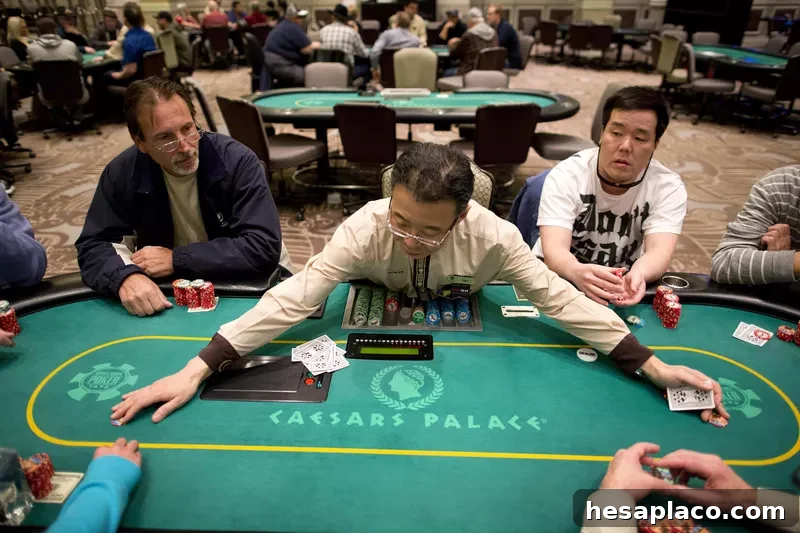 Dealer gathers chips after a hand of Texas Hold'em at a poker room in Caesar's Palace in Las Vegas