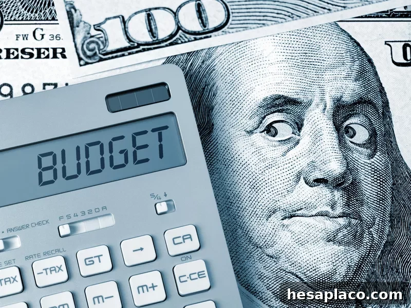 Ben Franklin from one hundred dollar bill looking at calculator